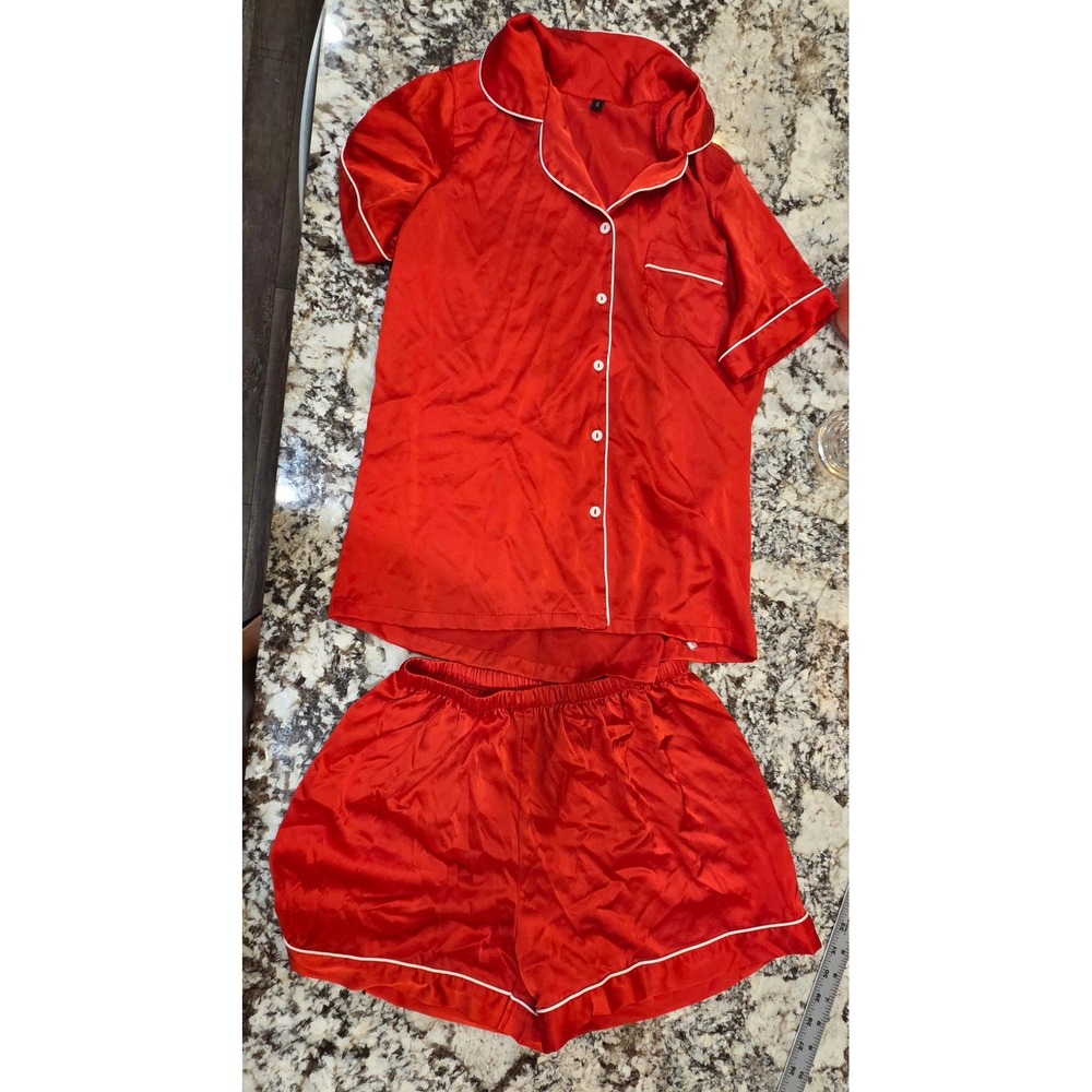 Red Satin Pajama Set Short Sleeve Button Down Shirt and Shorts Size S